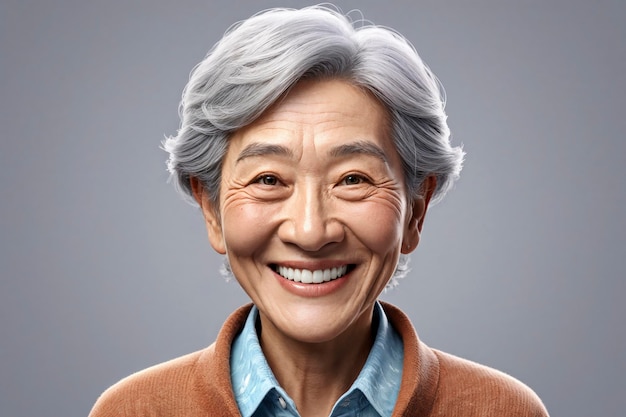 A toothy halfface portrait of an elderly Asian woman rendered in 3D