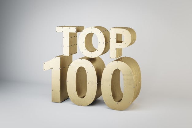 Top 100 best award sign made from golden metal on abstract light background 3D rendering