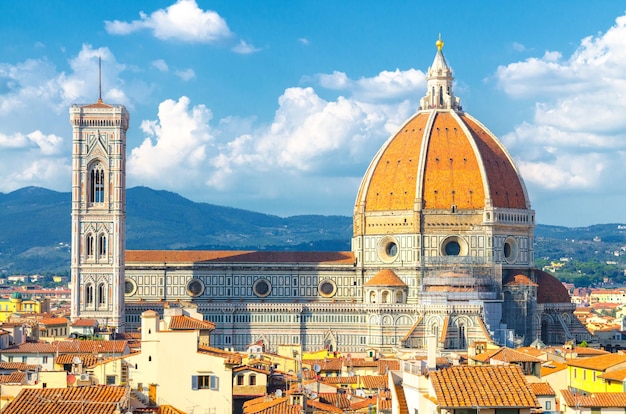 Top aerial panoramic view of Florence city with Duomo Cattedrale di Santa Maria del Fiore cathedral