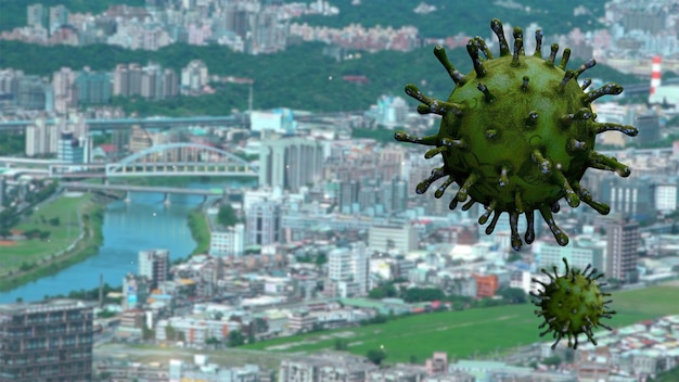 Top aerial view of Taiwan tall buildings in the capital with Coronavirus 2019 nCov concept