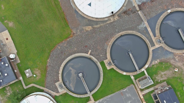 Top aerial view of water treatment solution recirculation solid contact clarifier sedimentation tank