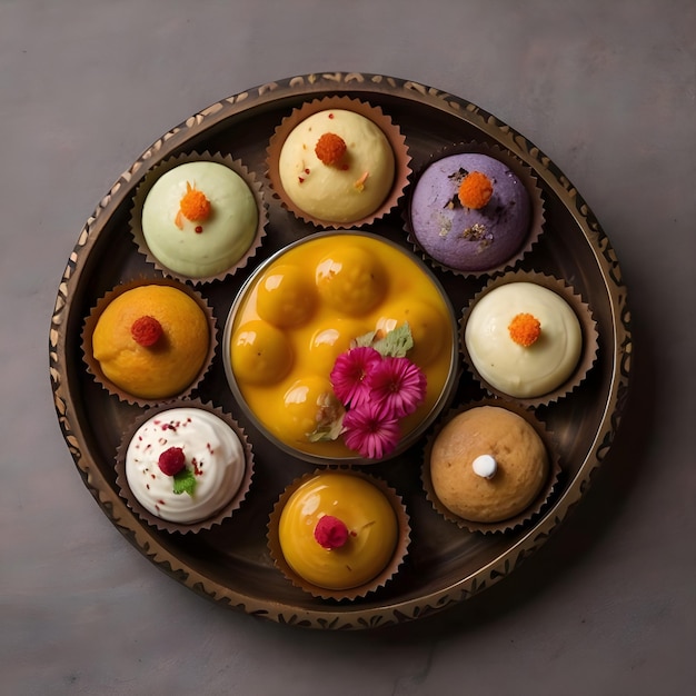 Top Angle Indian Sweet Arrangement Capture the Beauty of Traditional Sweets