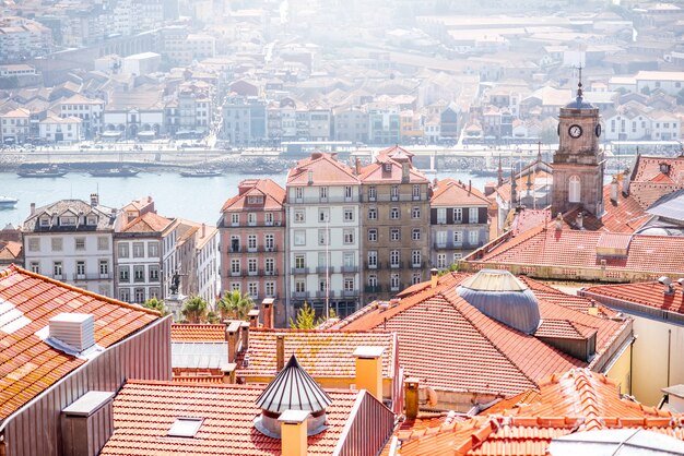 Top cityscape view on the old town of Porto city during the sunny day in Portugal