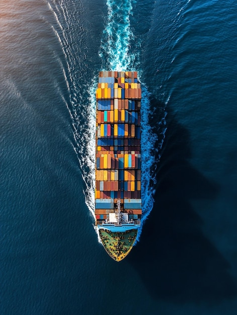 Top down aerial view of a large container cargo ship moving over the open ocean with copy space