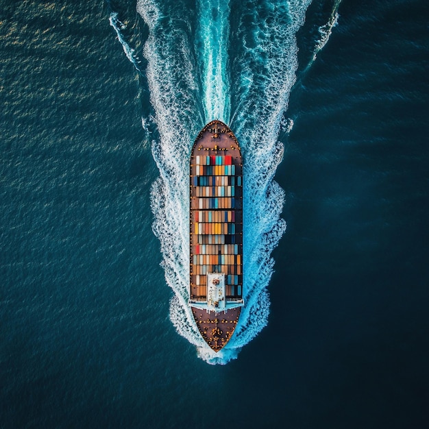 Photo top down aerial view of a large container cargo ship moving over the open ocean with copy space