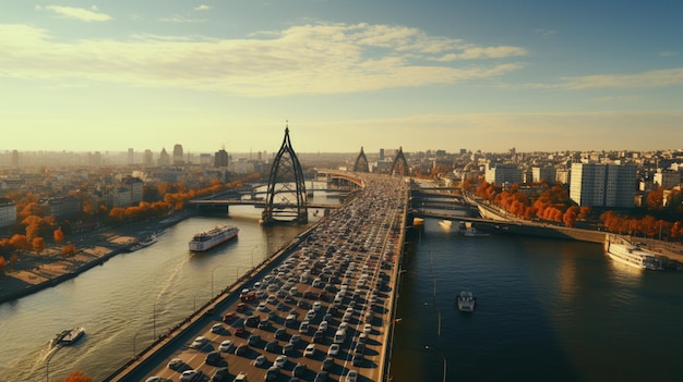 Top down aerial view Traffic on Elisabeth bridge Budapest Hungary