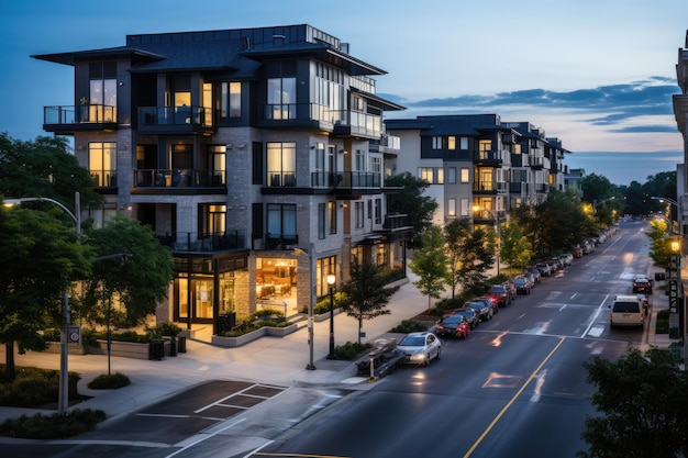 top down apartment building in the middle of a summer street professional photography