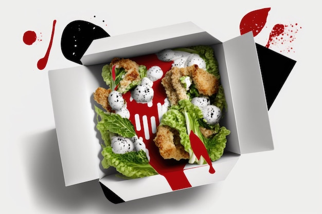 A top down perspective of a caesar salad topped with fried chicken and served in a paper