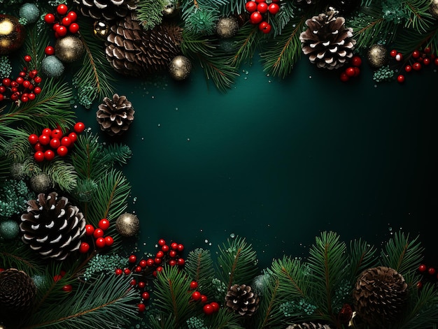 Top down perspective of festive Christmas decorations a New Year green backdrop