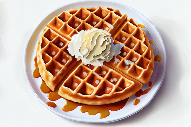 A top down view of an abstract arrangement of Belgian waffles topped with berries