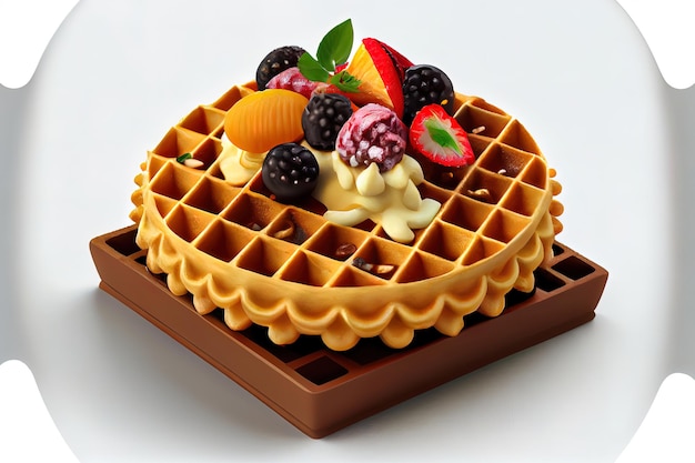 A top down view of an abstract arrangement of Belgian waffles topped with berries