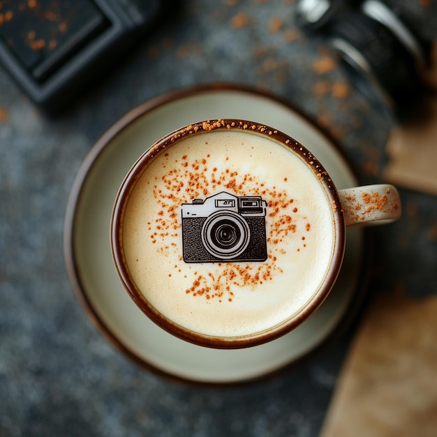 Photo top down view of cappuccino with camera design in milk froth stylize 1000