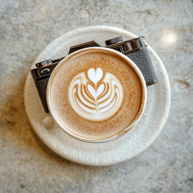 Photo top down view of cappuccino with camera design in milk froth stylize 1000