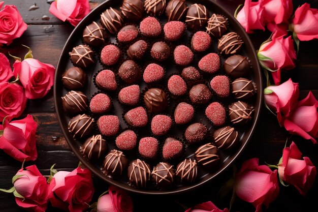 Top down view of chocolate covered strawberries arranged on a platter with rose petals