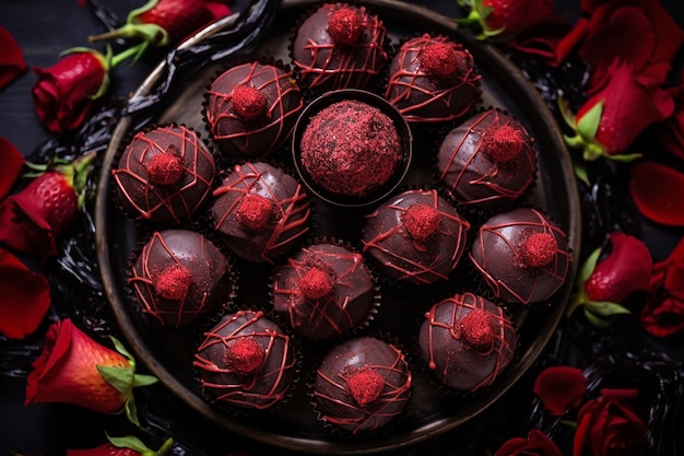 Top down view of chocolate covered strawberries arranged on a platter with rose petals