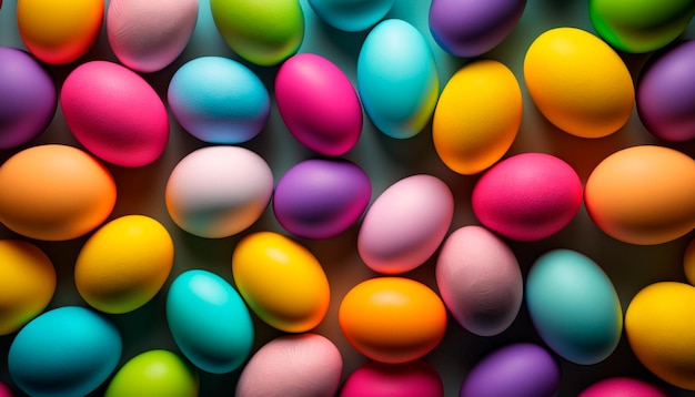 Top down view of colorful easter eggs on a blue background generative ai