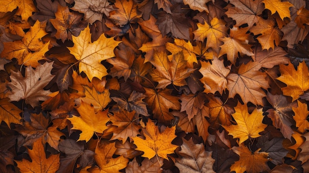 Photo top down view of a colorful pile of autumn leaves in warm shades of yellow and orange textures