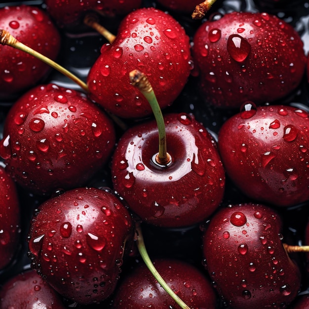 Top down view of fresh red cherry with drops of water Generative AI