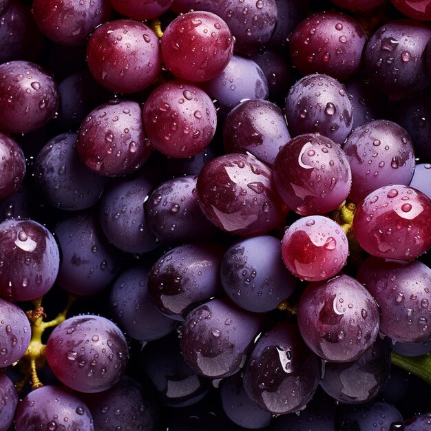 Top down view of fresh red grapes with drops of water Generative AI