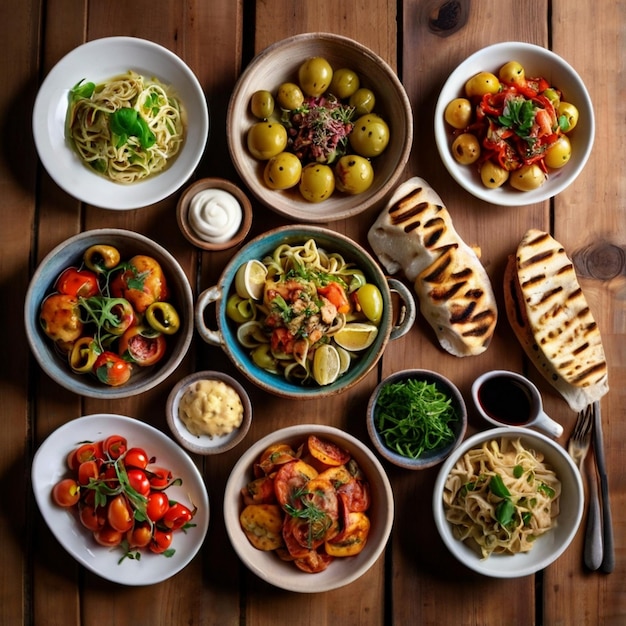 Top down view on freshly prepared delicious varieties of Mediterranean dishes on wooden table