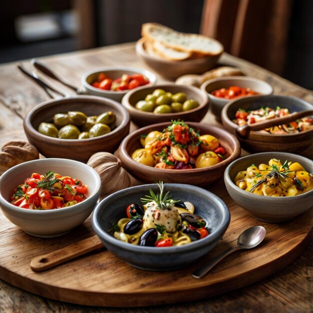 Top down view on freshly prepared delicious varieties of Mediterranean dishes on wooden table