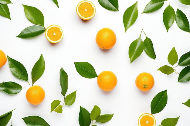 Top down view of isolated orange fruits and green leaves against a white background