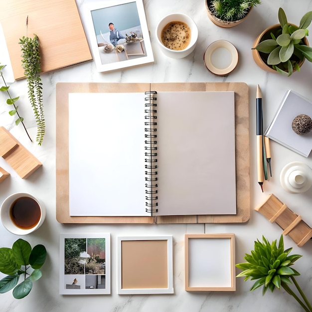 Photo a top down view of a minimalist workspace with an open notebook frames pens plants and a cup of coffee offering a fresh and inspiring backdrop for your design projects