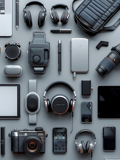 Photo top down view of organized travel tech gadgets in sleek flat lay composition