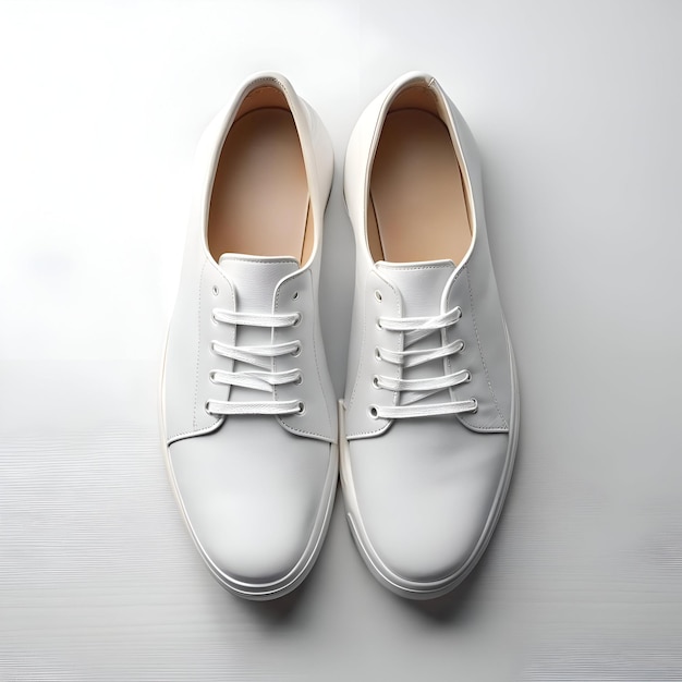 Photo a top down view of a pair of clean white sneakers with white laces on a white background