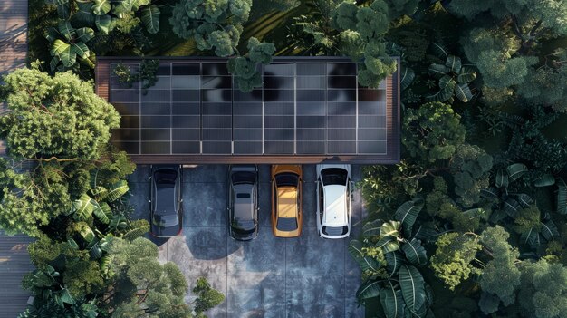 Top Down View of SolarPowered Carport with Vehicles Parked Underneath and Surrounding Trees