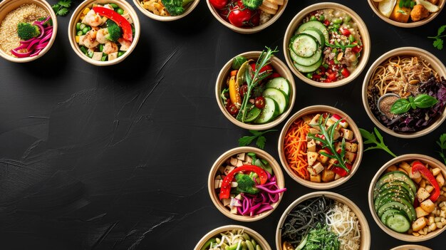 Photo top down view of a variety of healthful foods in paper containers on a white background idea