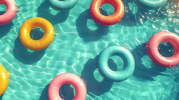 Photo top down view of a vibrant summer swimming pool filled with colorful inflatable floats