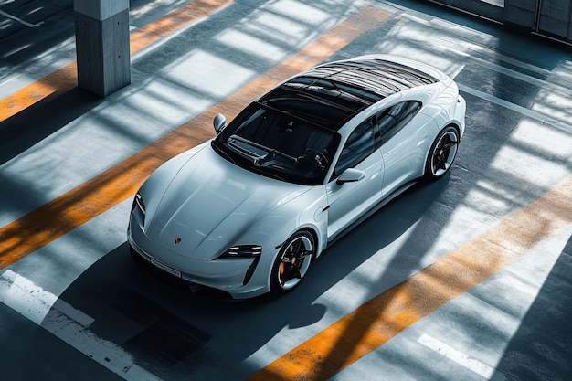 Photo top down view of a white porsche taycan on the ramp of an indoor car park with polished concrete flooring with car tyre marks ar 32 v 61 job id b7217d27fd8e4b258d9ad564e12bc063