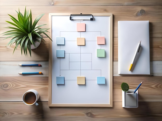 Photo a top down view of a wooden desk with a white board with sticky notes and a flowchart