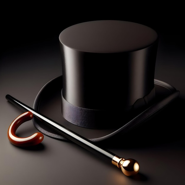 A top hat and cane classic props for cabaret performers isolated on a plain sophisticated black ba