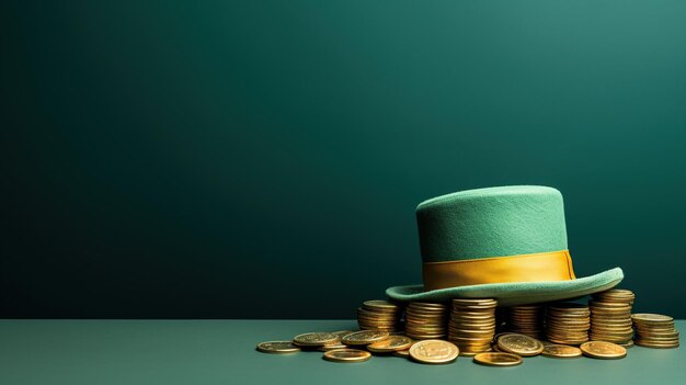 Photo top hat on a pile of gold coins against a dark background symbolizing wealth financial success