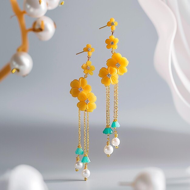 Top jewelry photography a gold Chinese classical earrings Three small yellow flowers pearls