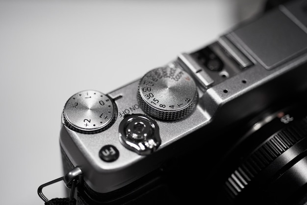 Photo top of a mirrorless digital camera fashioned after a rangefinder camera