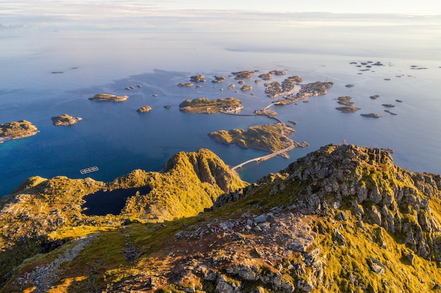 Top of mount Festvagtinden on Lofoten islands in Norway