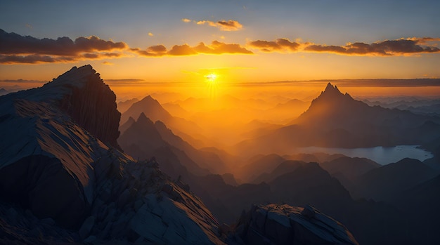 A top of a mountain peak with sunset