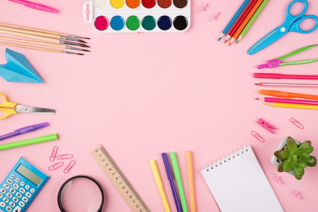 Top above overhead view photo of colorful stationery and succulent isolated on pastel pink background with copyspace in the center