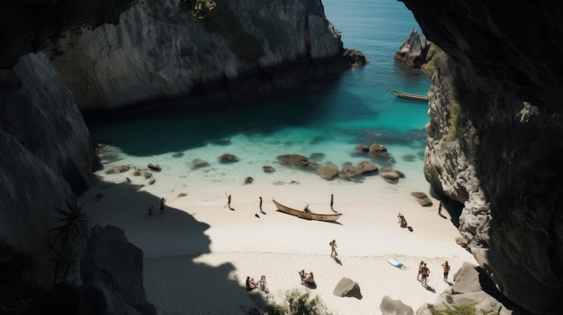 Top Shot Of Cave With Beachgoers And Children Playing In High Contrast 8k Quality