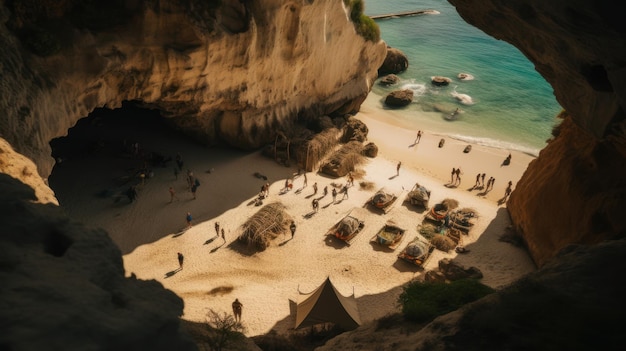 Top Shot Of Cave With Beachgoers And Children Playing In High Contrast 8k Quality