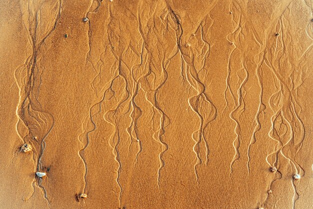 Top shot photo of sea sand with receding wave traces