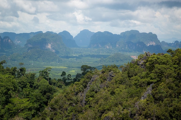 The top of Tiger Cave temple Wat Tham Suea Krabi region Thailand At the top of the mountain there is a large golden Buddha statue which is a popular tourist attraction