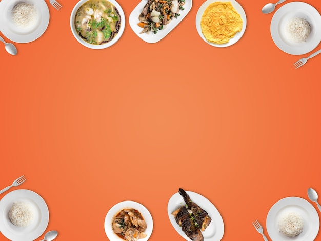 Top vies of various Thai food with empty space background.