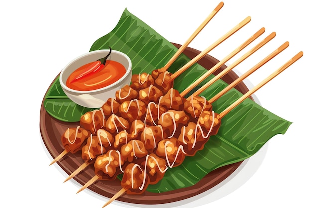 Top view of 32bit of Moo Satay in a vector cartoon style isolate white background