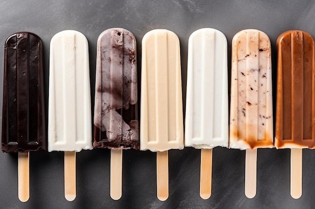 Top view aligned ice cream on sticks and cones