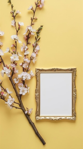 top view of almond blossom tree flowers and gold elegant empty frame over yellow pastel background