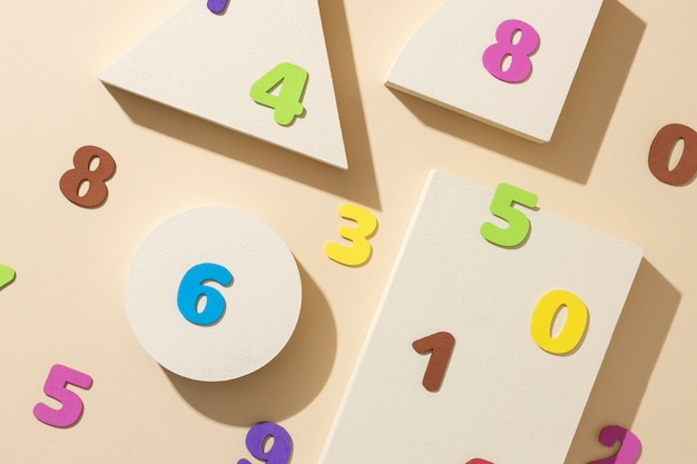 Top view of alphabet letters on podium for education day